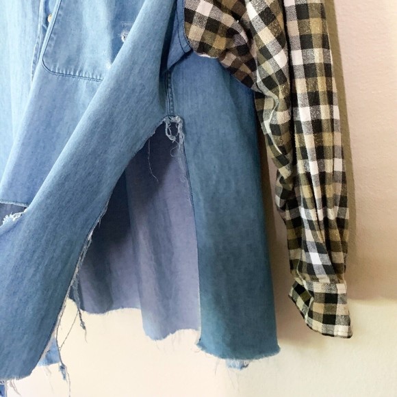Furst Of A Kind Denim Chambray Plaid Flannel Button Down Shirt Oversized Grunge - Picture 4 of 5